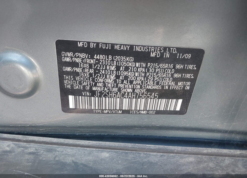 2010 SUBARU FORESTER VIN: JF2SH6AC4AH756545
