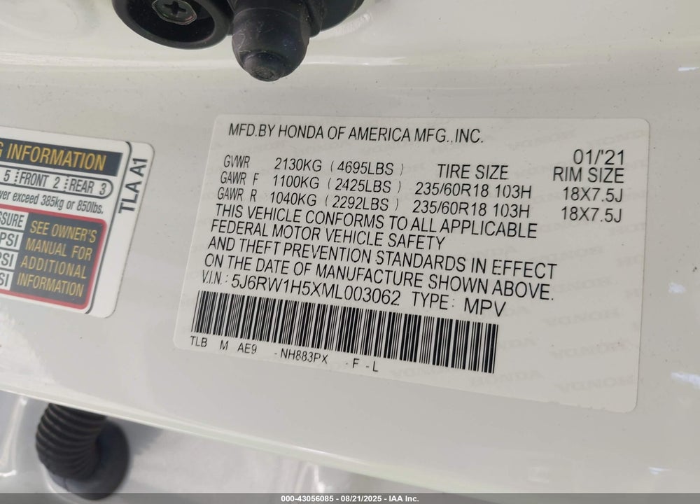 2021 HONDA CR-V VIN: 5J6RW1H5XML003062