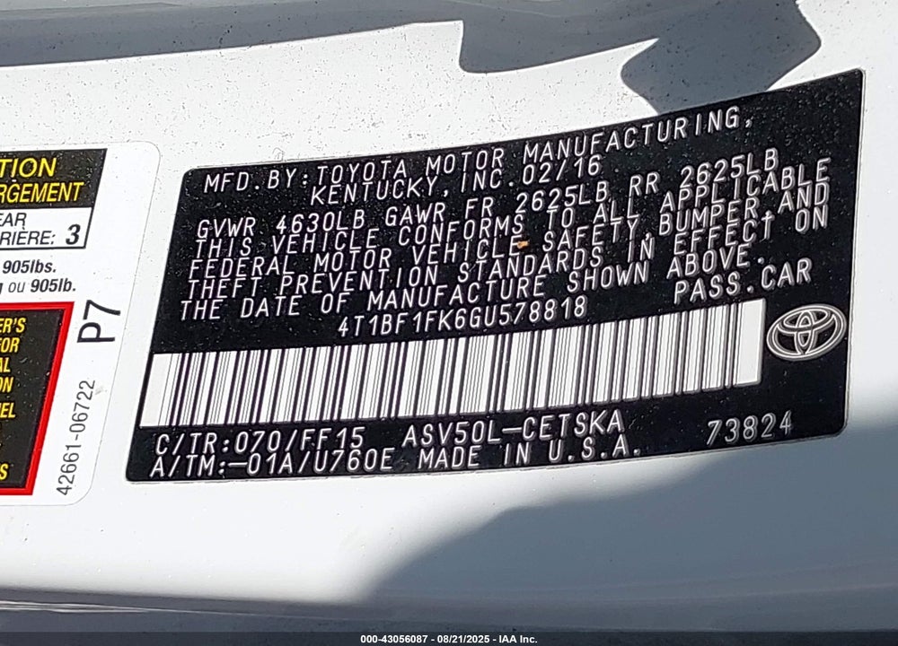 2016 TOYOTA CAMRY LE/XLE/SE/XSE VIN: 4T1BF1FK6GU578818