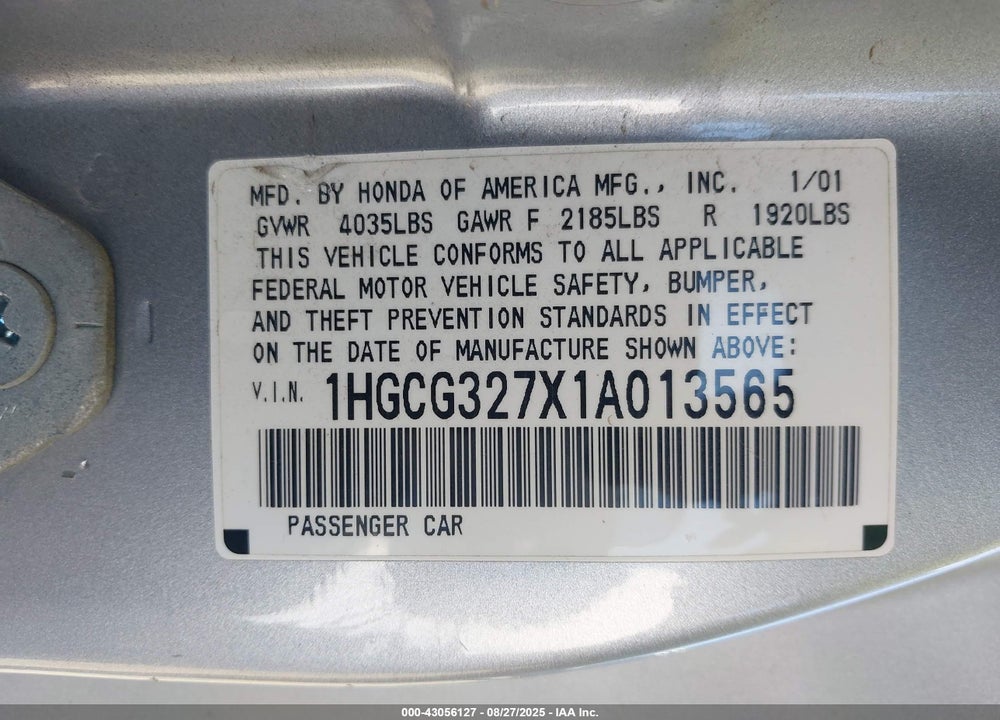 2001 HONDA ACCORD 2.3 EX VIN: 1HGCG327X1A013565