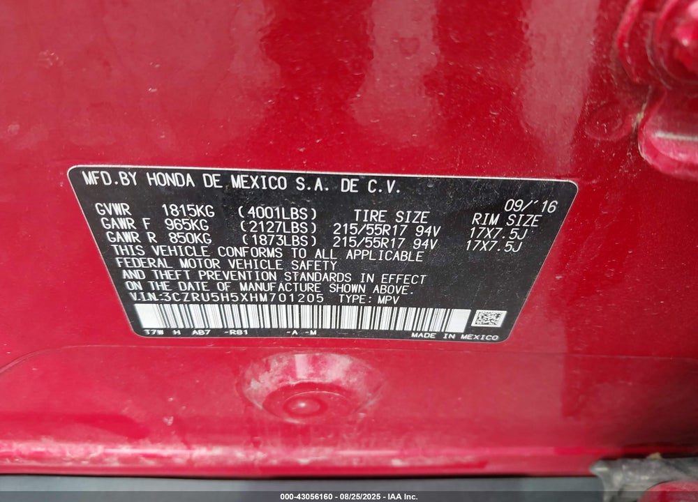 2017 HONDA HR-V VIN: 3CZRU5H5XHM701205