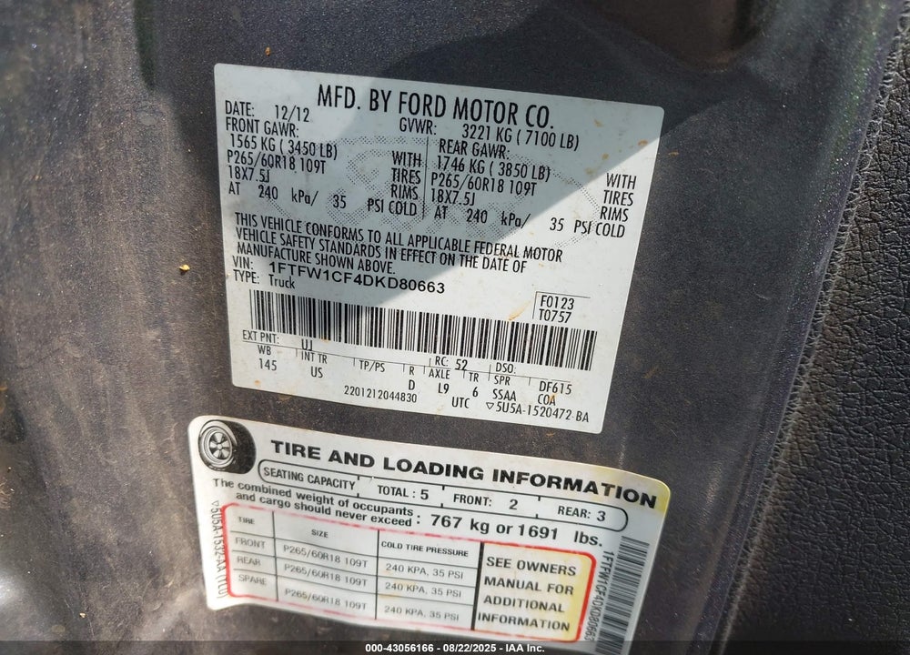 2013 FORD F-150 VIN: 1FTFW1CF4DKD80663