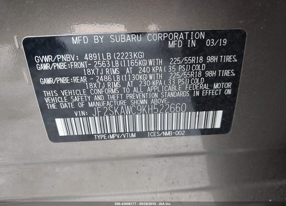 2019 SUBARU FORESTER VIN: JF2SKAWC9KH522660