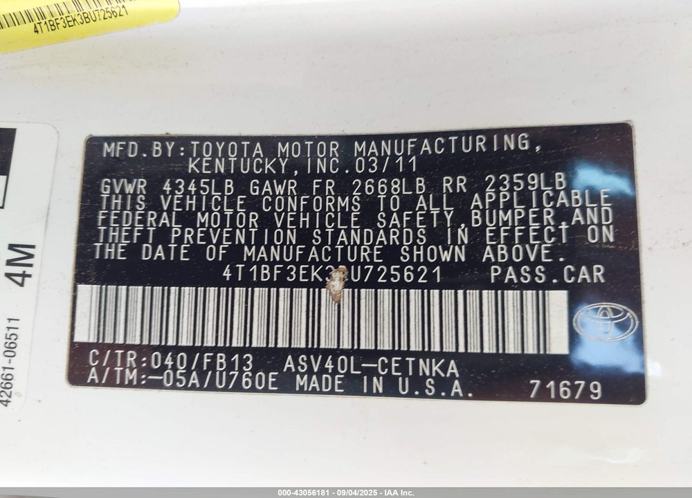 2011 TOYOTA CAMRY VIN: 4T1BF3EK3BU725621