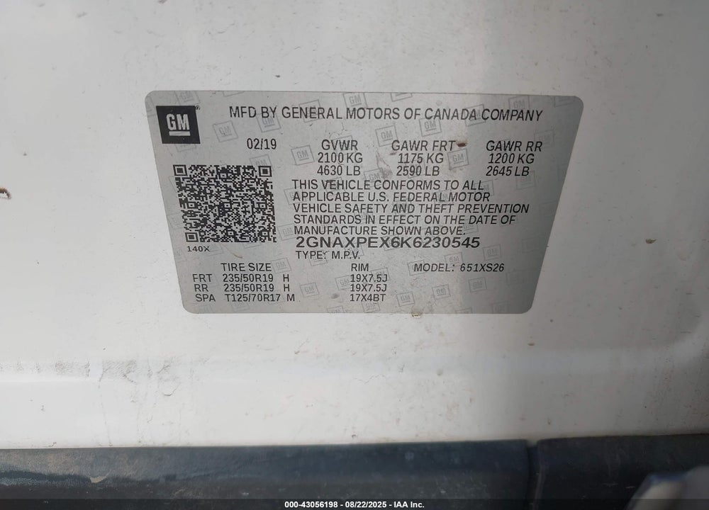 2019 CHEVROLET EQUINOX VIN: 2GNAXPEX6K6230545