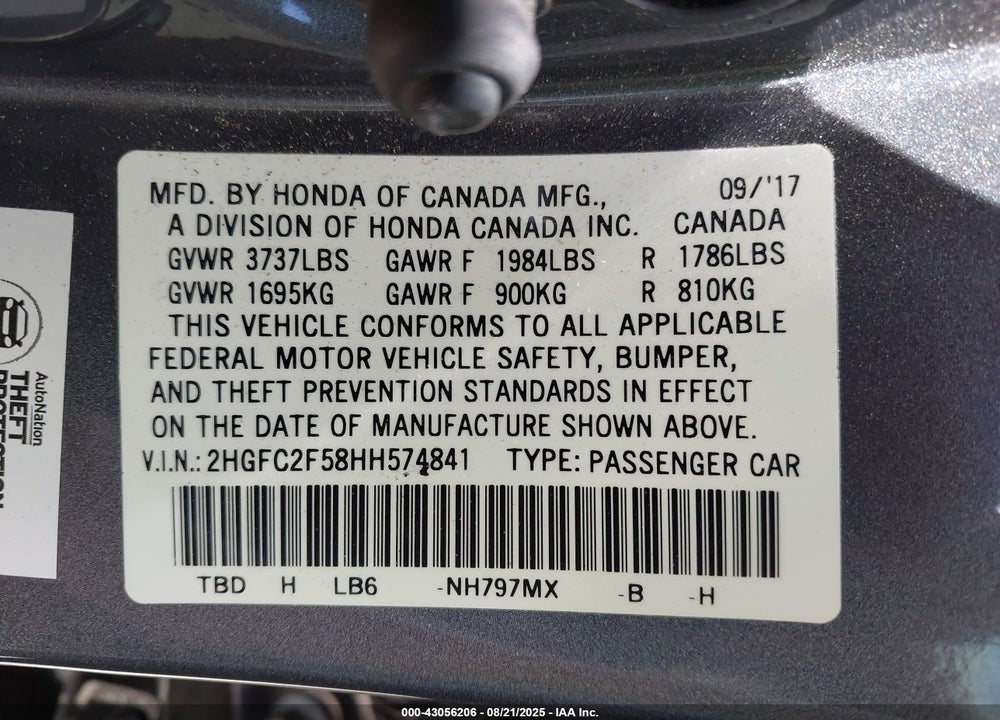 2017 HONDA CIVIC VIN: 2HGFC2F58HH574841