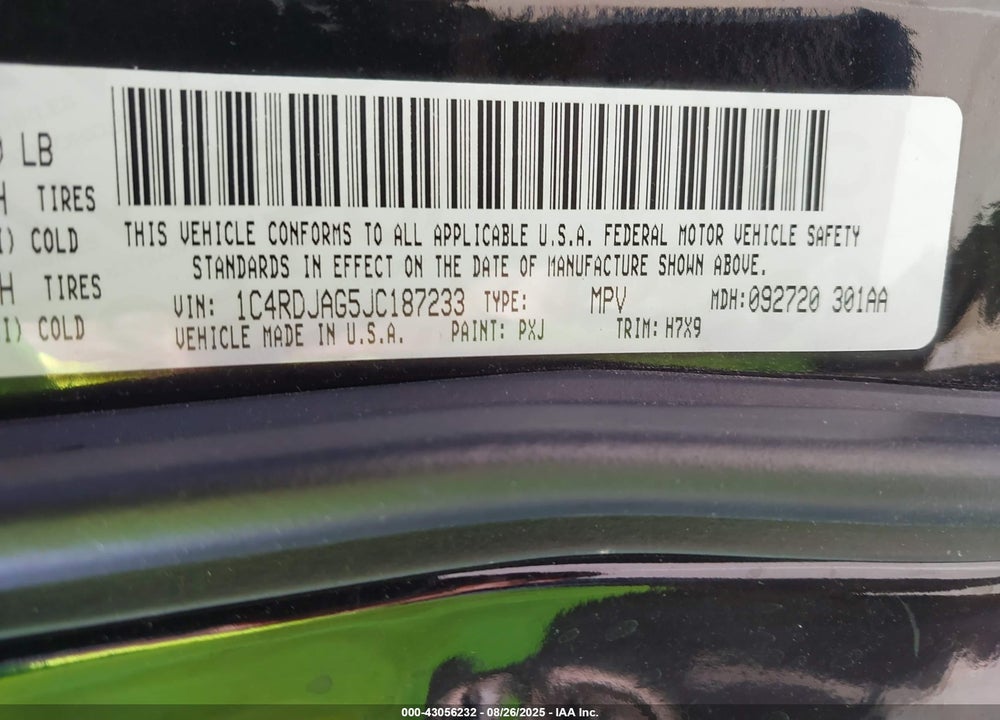 2018 DODGE DURANGO VIN: 1C4RDJAG5JC187233