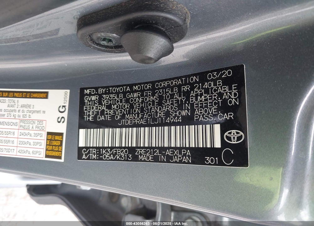 2020 TOYOTA COROLLA VIN: JTDEPRAE1LJ114944