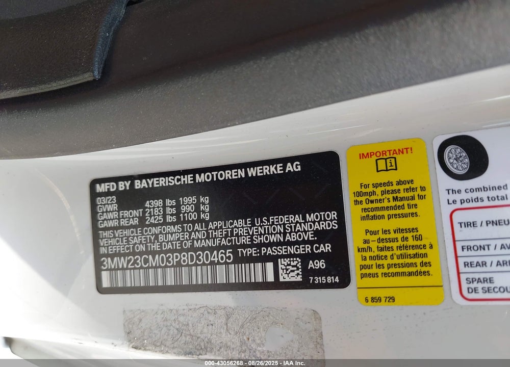 2023 BMW 230 I VIN: 3MW23CM03P8D30465