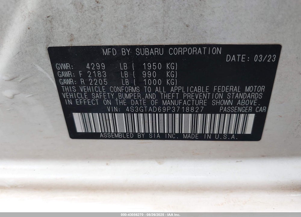 2023 SUBARU IMPREZA VIN: 4S3GTAD69P3718827