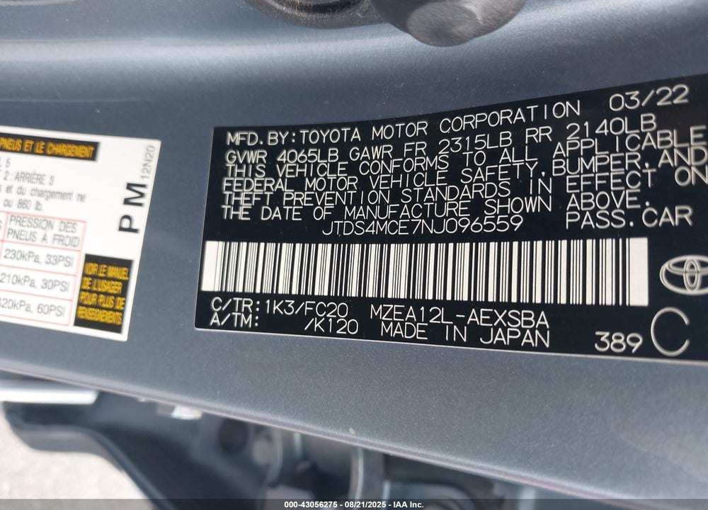 2022 TOYOTA COROLLA SE VIN: JTDS4MCE7NJ096559