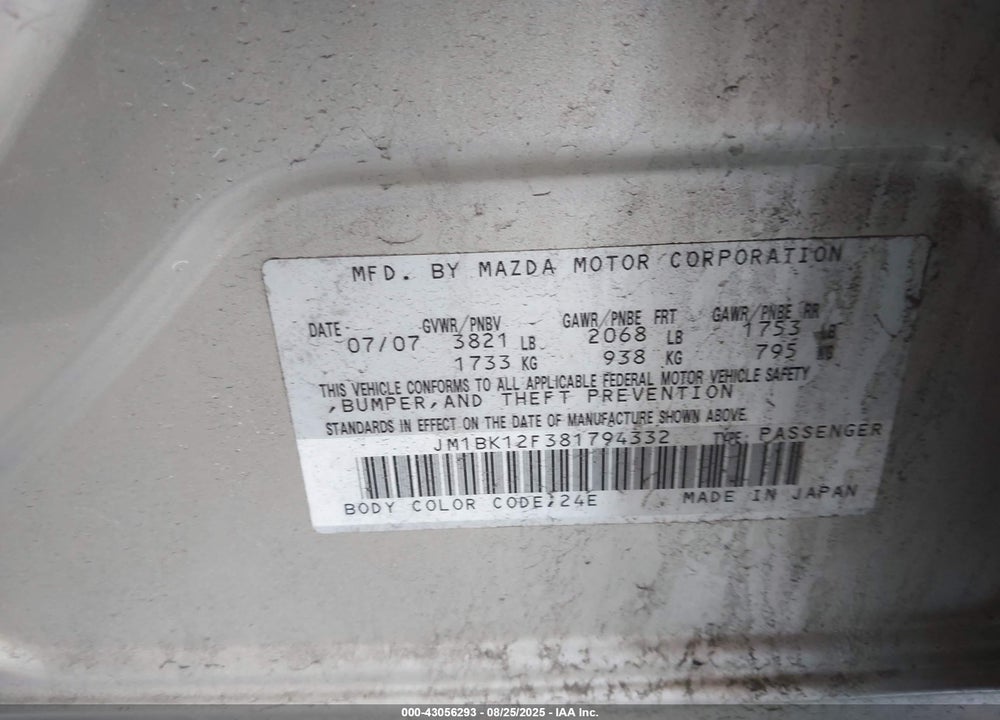 2008 MAZDA 3 I VIN: JM1BK12F381794332