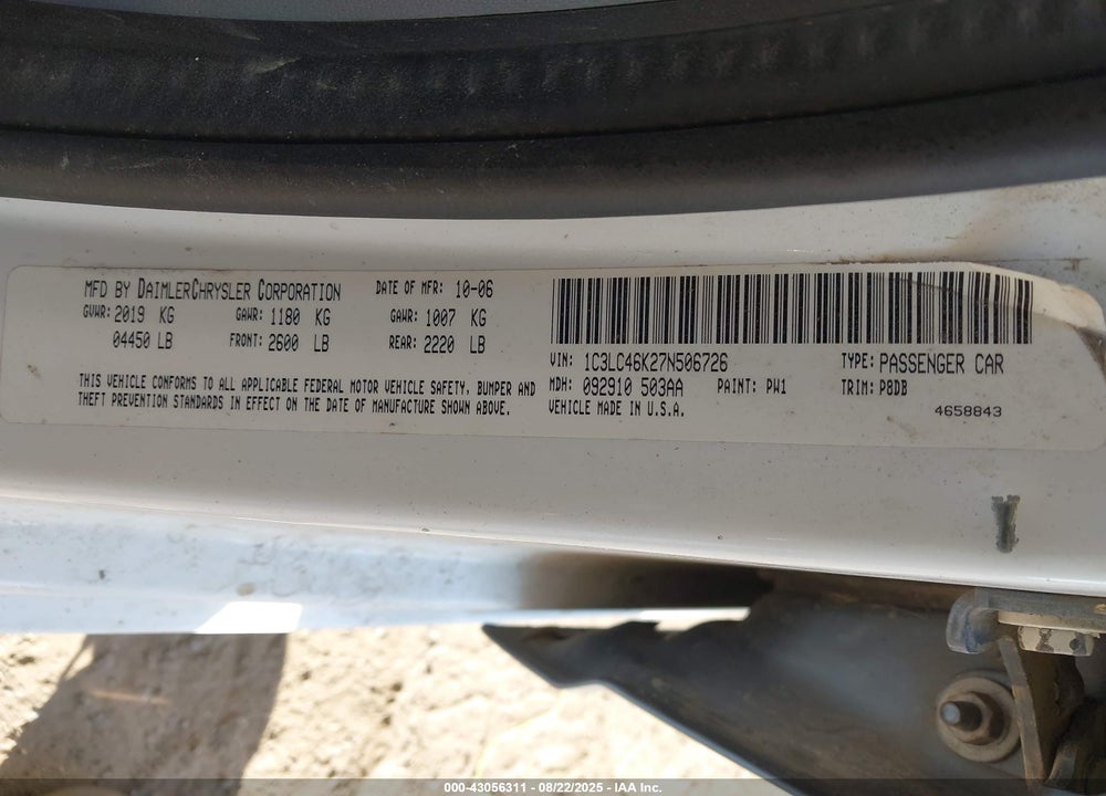 2007 CHRYSLER SEBRING VIN: 1C3LC46K27N506726