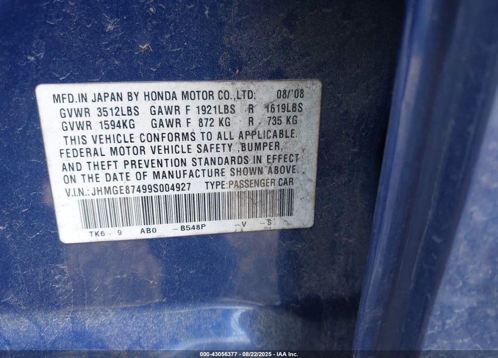 2009 HONDA FIT VIN: JHMGE87499S004927