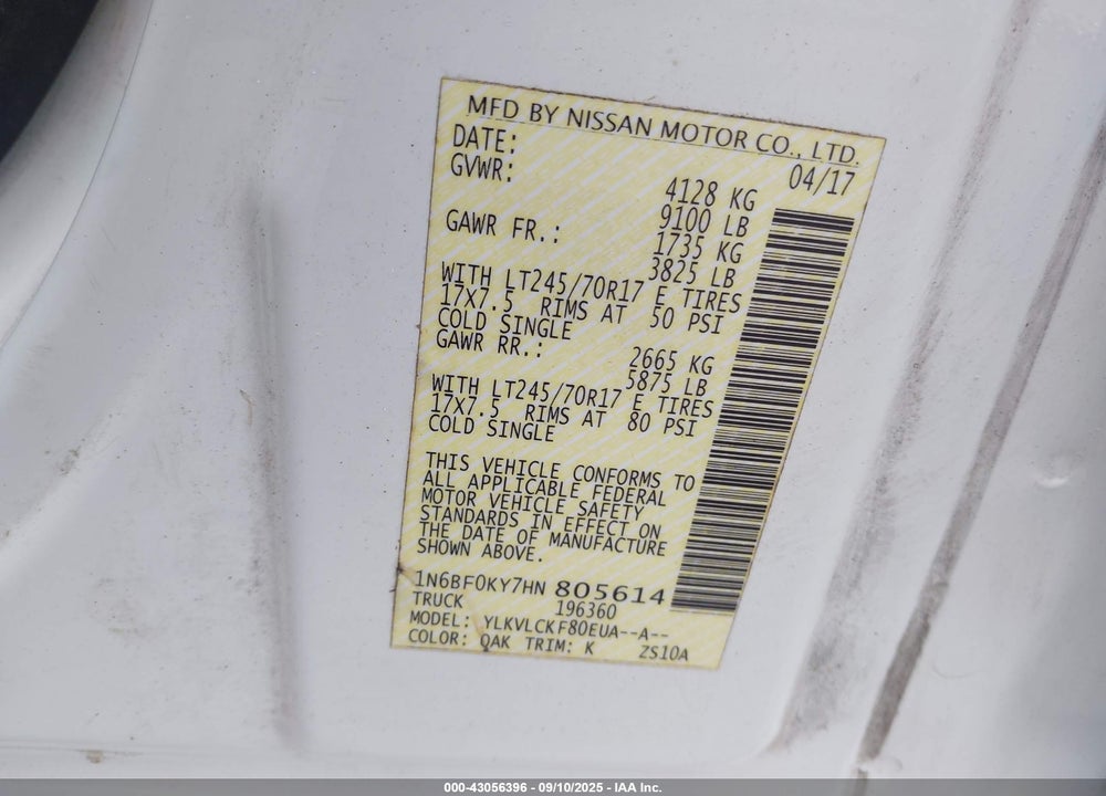 2017 NISSAN NV CARGO NV2500 HD S V6 VIN: 1N6BF0KY7HN805614