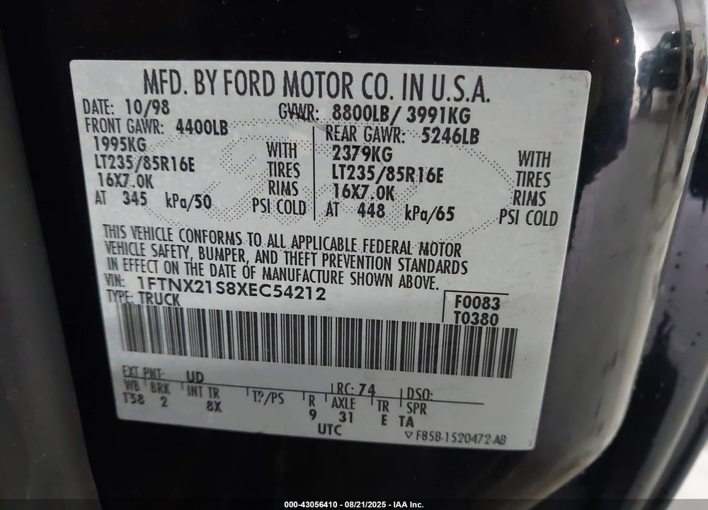 1999 FORD F-250 LARIAT/XL/XLT VIN: 1FTNX21S8XEC54212