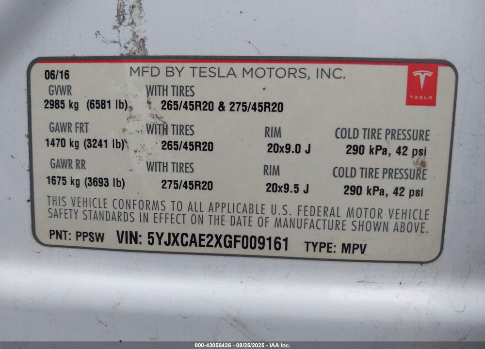 2016 TESLA MODEL X VIN: 5YJXCAE2XGF009161