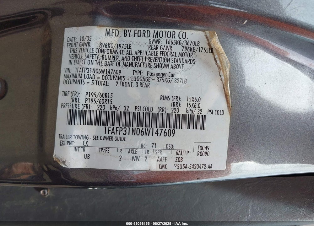 2006 FORD FOCUS ZX3 VIN: 1FAFP31N06W147609