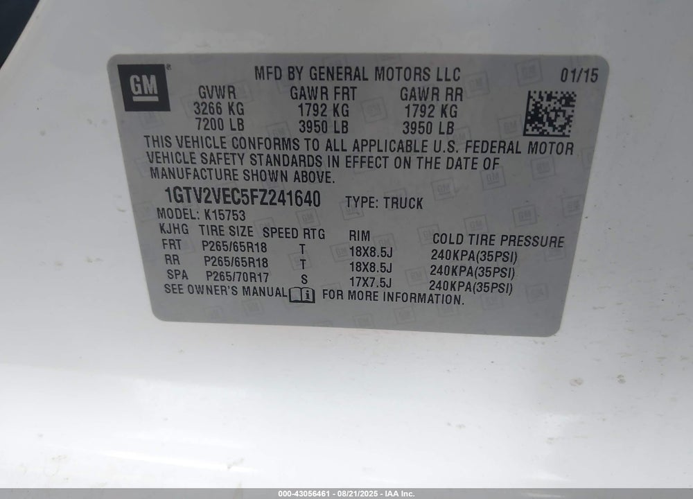 2015 GMC SIERRA 1500 VIN: 1GTV2VEC5FZ241640