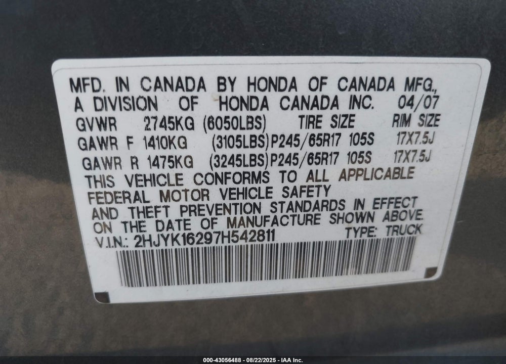 2007 HONDA RIDGELINE VIN: 2HJYK16297H542811