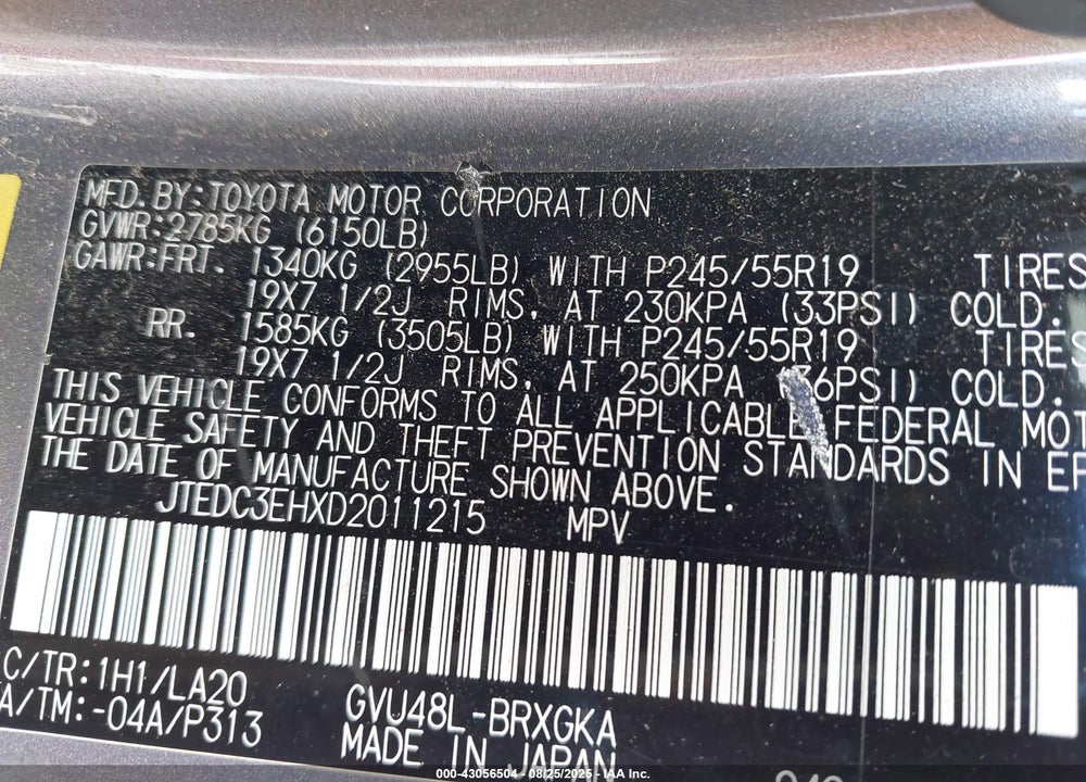 2013 TOYOTA HIGHLANDER HYBRID VIN: JTEDC3EHXD2011215