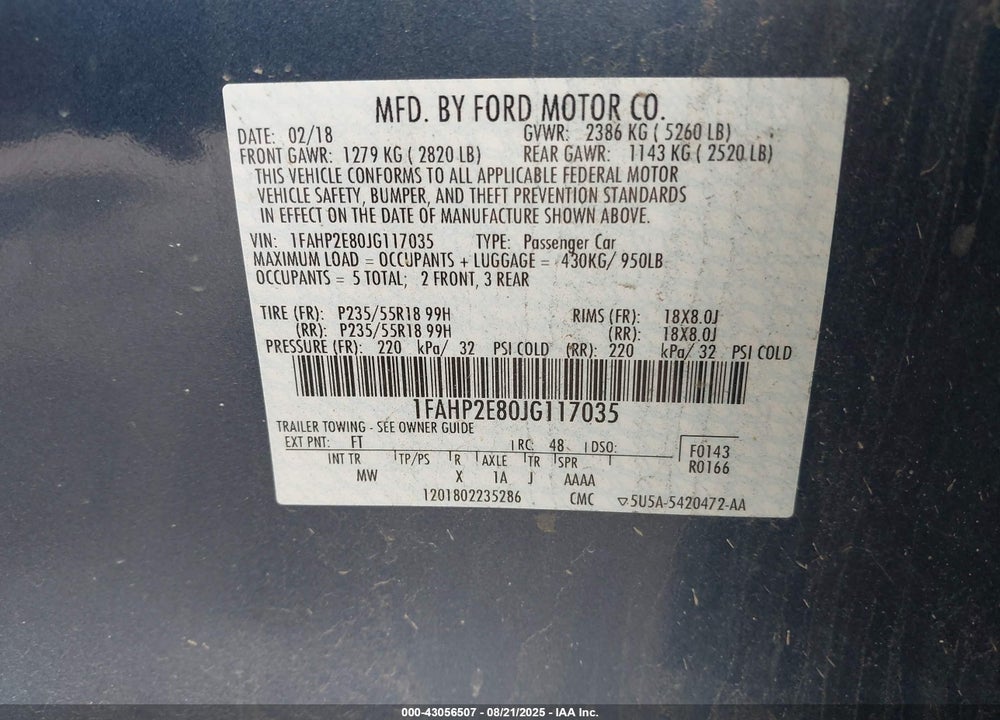 2018 FORD TAURUS VIN: 1FAHP2E80JG117035