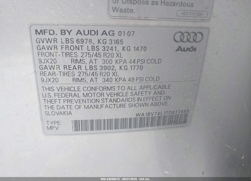 2007 AUDI Q7 VIN: WA1BV74L17D077495