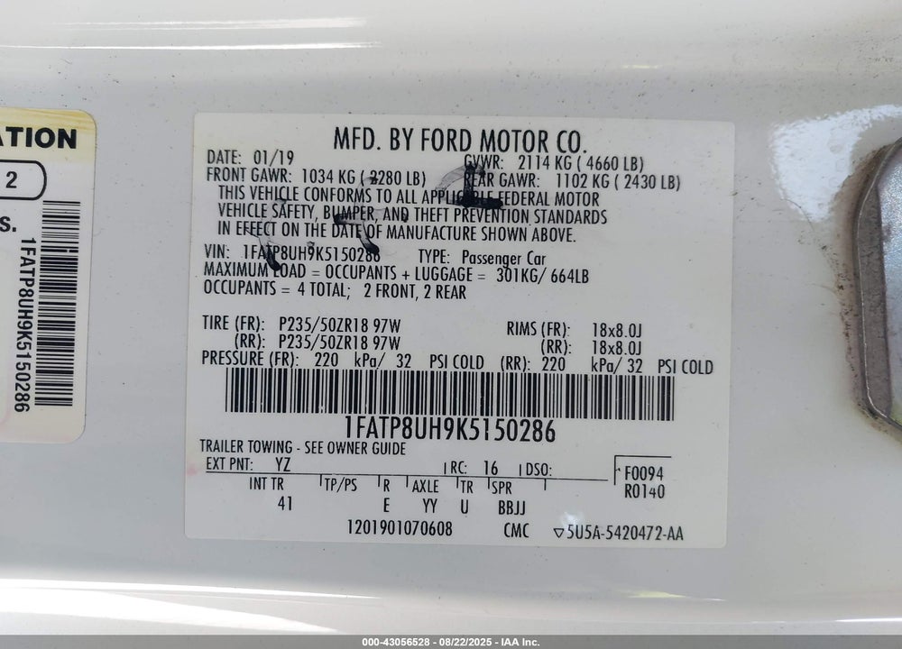 2019 FORD MUSTANG VIN: 1FATP8UH9K5150286