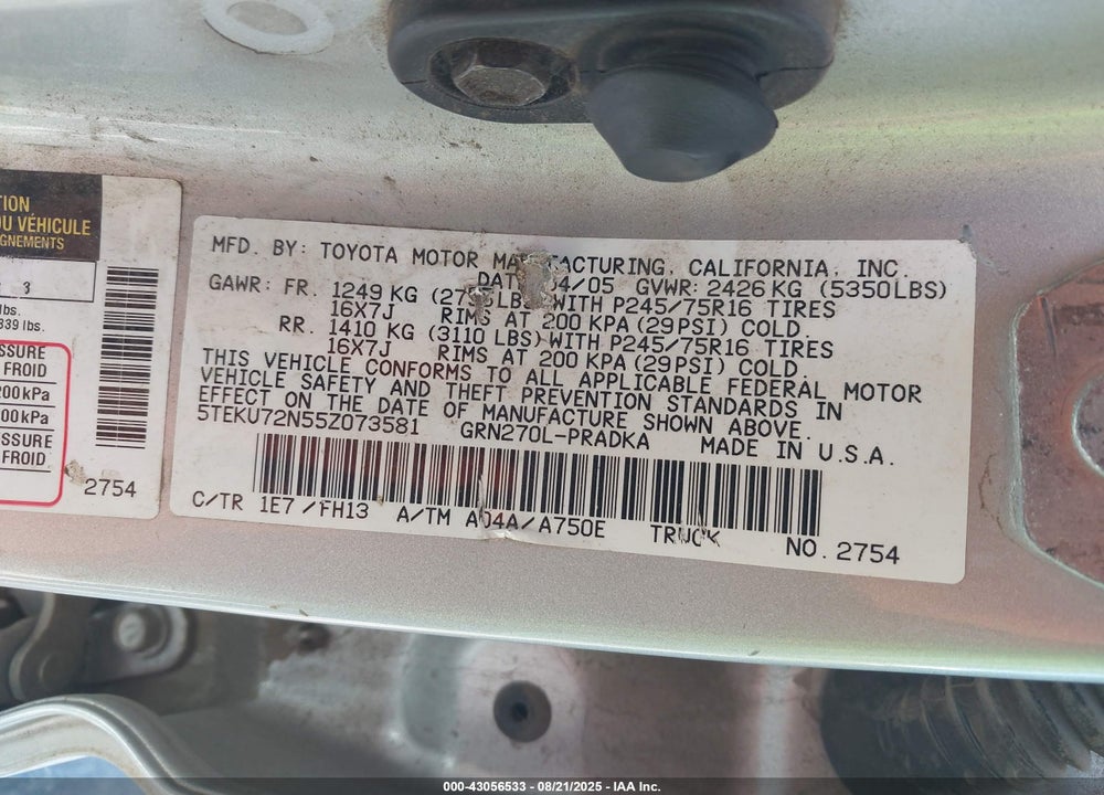 2005 TOYOTA TACOMA PRERUNNER V6 VIN: 5TEKU72N55Z073581
