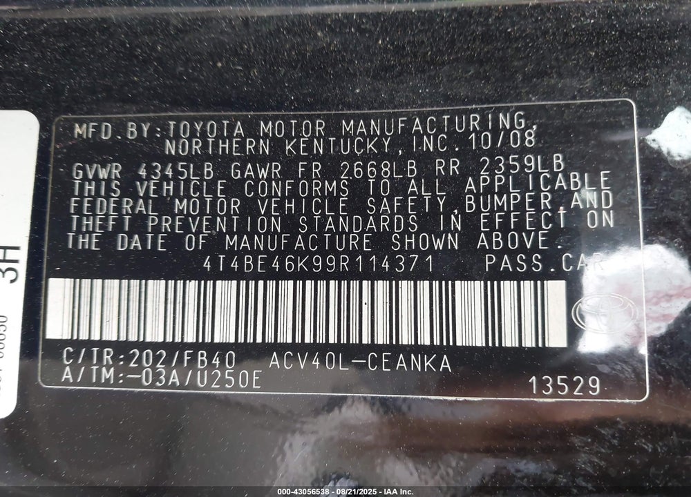 2009 TOYOTA CAMRY VIN: 4T4BE46K99R114371