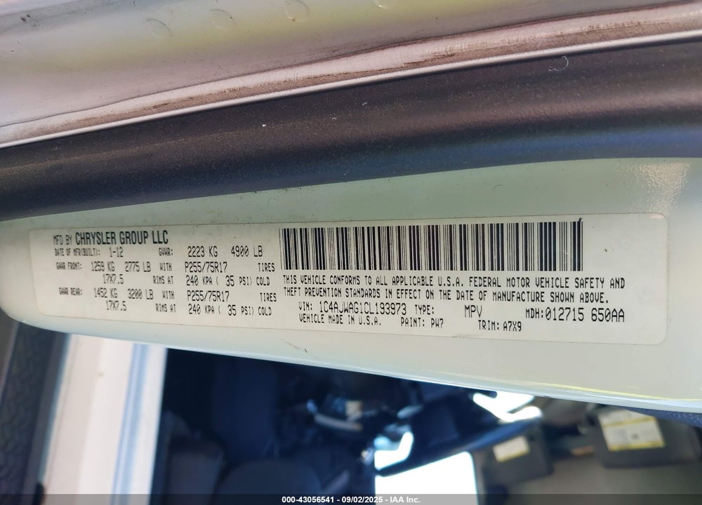 2012 JEEP WRANGLER SPORT VIN: 1C4AJWAG1CL193973