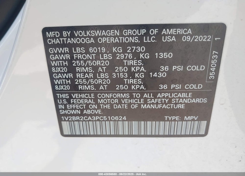 2023 VOLKSWAGEN ATLAS VIN: 1V2BR2CA3PC510624