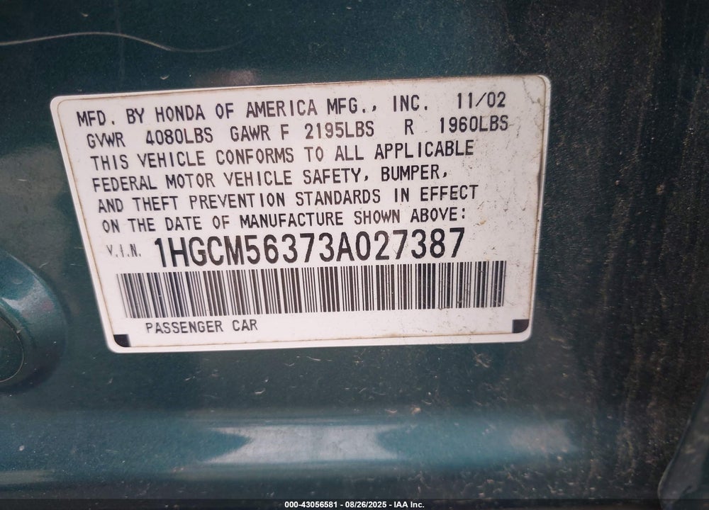 2003 HONDA ACCORD 2.4 LX VIN: 1HGCM56373A027387