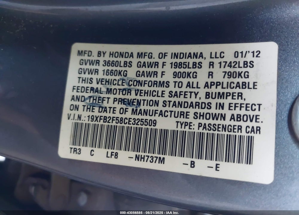2012 HONDA CIVIC LX VIN: 19XFB2F58CE325509