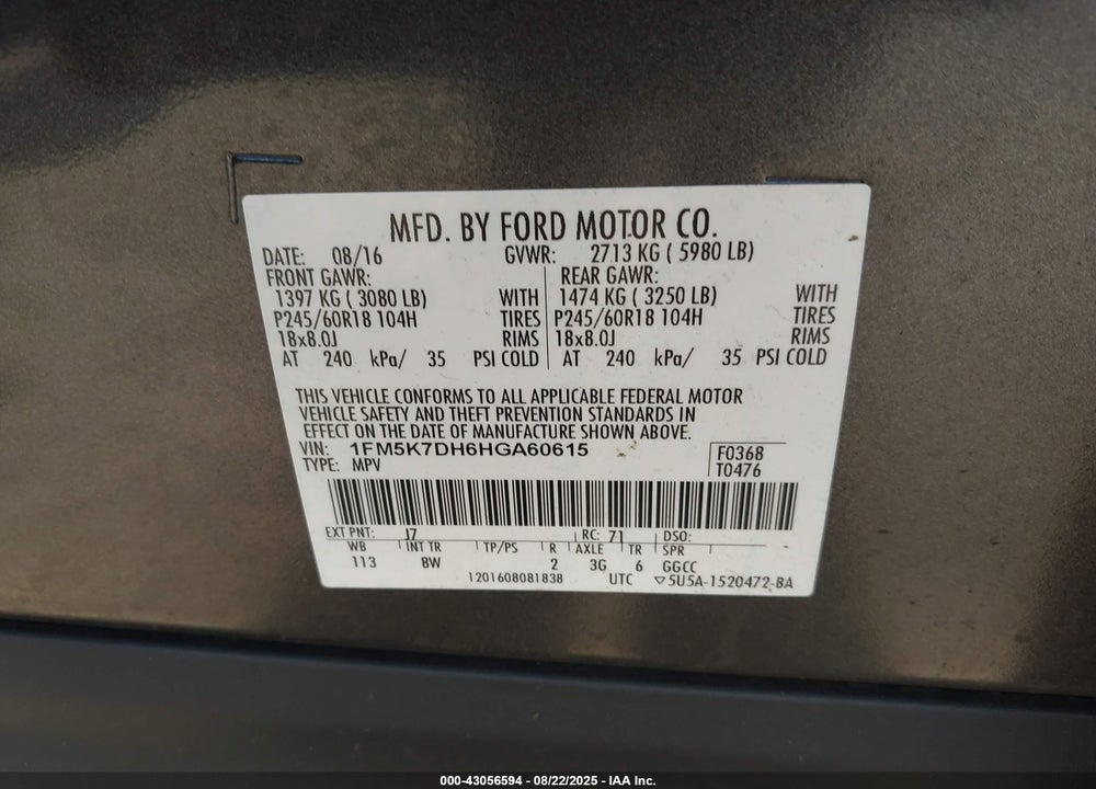 2017 FORD EXPLORER VIN: 1FM5K7DH6HGA60615