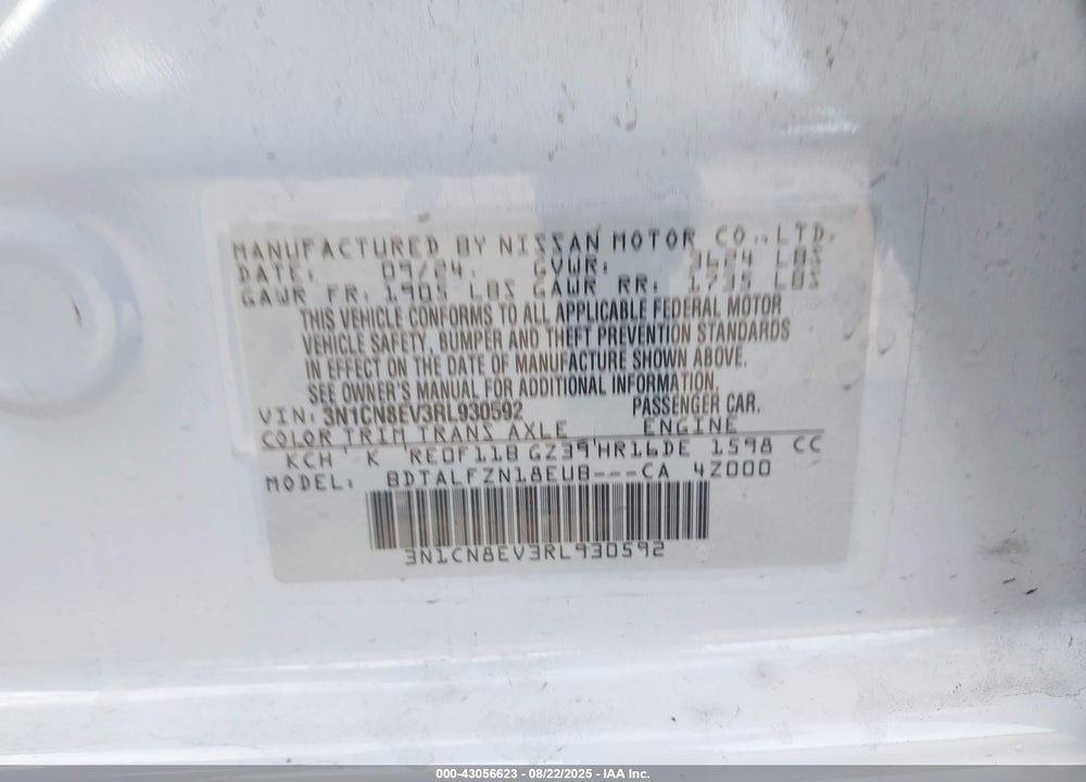 2024 NISSAN VERSA 1.6 SV VIN: 3N1CN8EV3RL930592