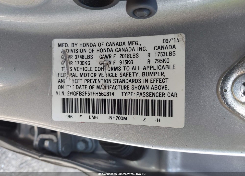 2015 HONDA CIVIC VIN: 2HGFB2F51FH560814