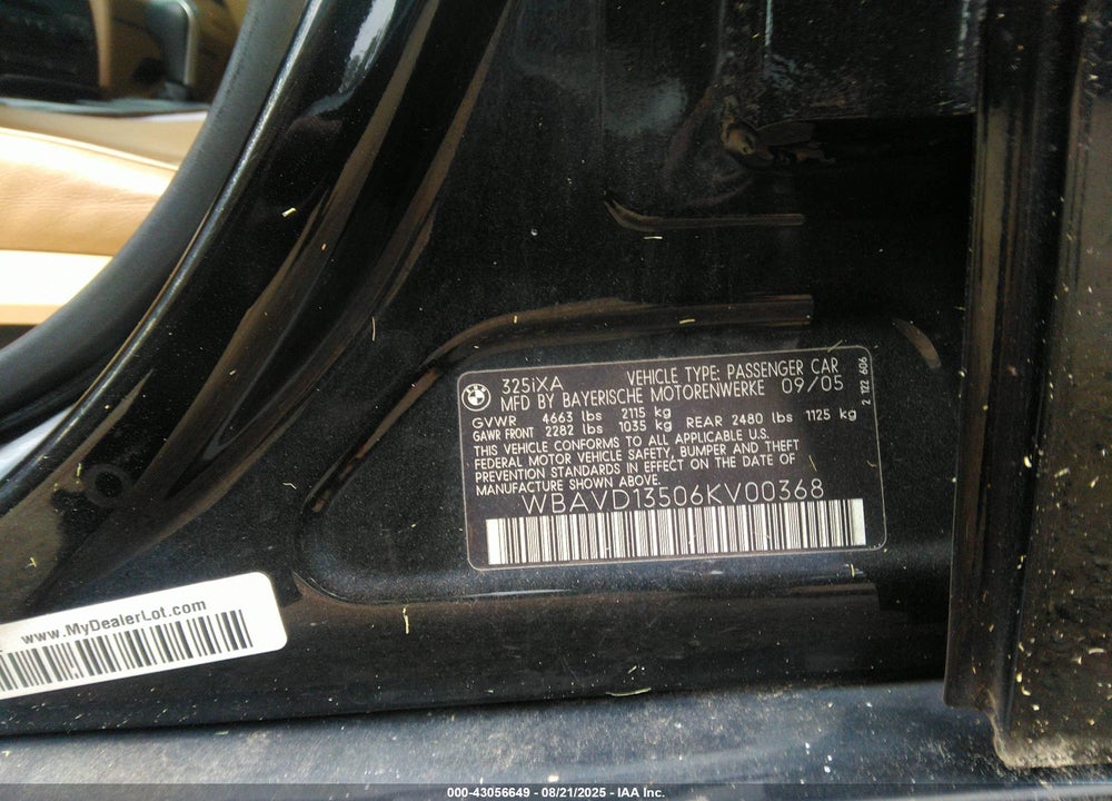 2006 BMW 3 SERIES VIN: WBAVD13506KV00368