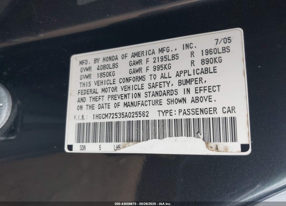 2005 HONDA ACCORD 2.4 LX SPECIAL EDITION VIN: 1HGCM72535A025562