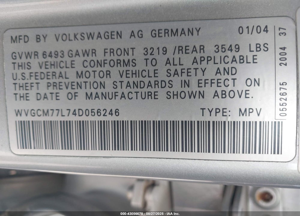 2004 VOLKSWAGEN TOUAREG V8 VIN: WVGCM77L74D056246