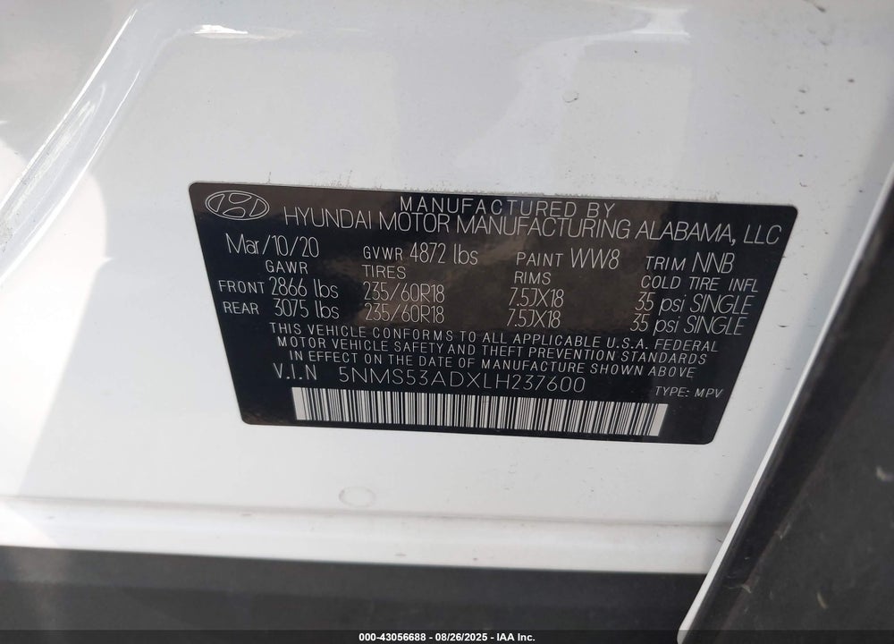 2020 HYUNDAI SANTA FE LIMITED VIN: 5NMS53ADXLH237600
