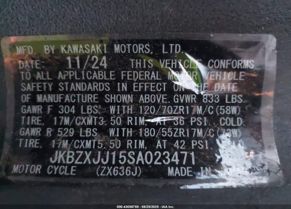 2025 KAWASAKI ZX636 K VIN: JKBZXJJ15SA023471