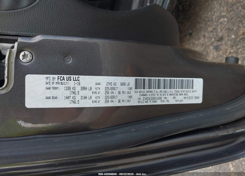 2016 DODGE GRAND CARAVAN R/T VIN: 2C4RDGEG5GR310395