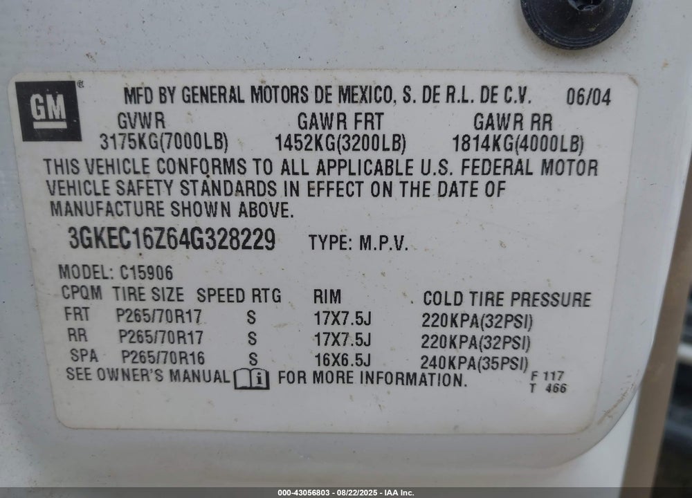 2004 GMC YUKON XL 1500 SLT VIN: 3GKEC16Z64G328229