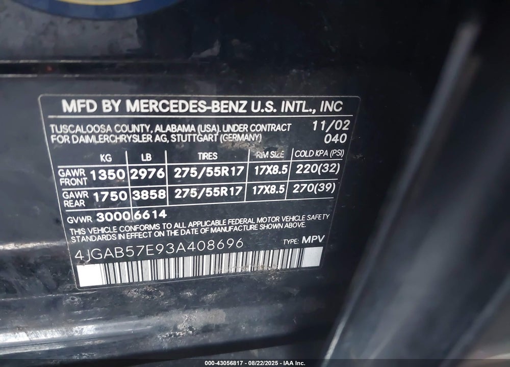 2003 MERCEDES-BENZ ML 350 VIN: 4JGAB57E93A408696