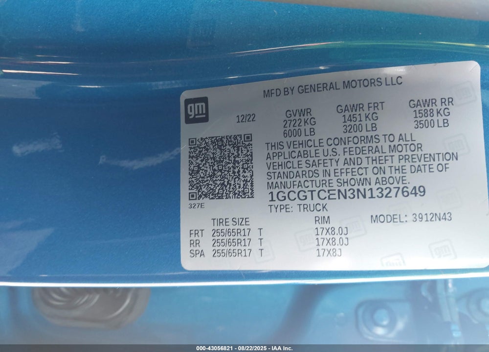 2022 CHEVROLET COLORADO VIN: 1GCGTCEN3N1327649