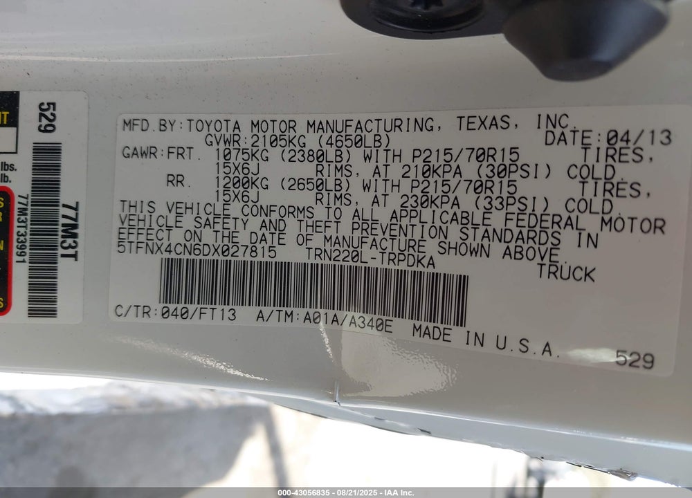 2013 TOYOTA TACOMA VIN: 5TFNX4CN6DX027815