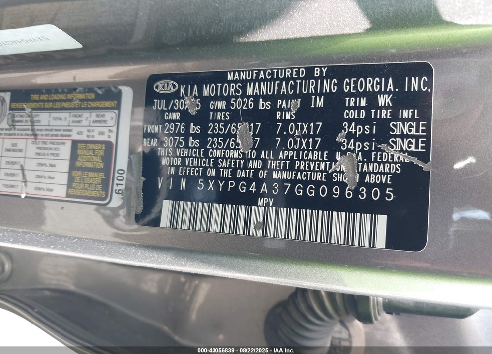 2016 KIA SORENTO VIN: 5XYPG4A37GG096305