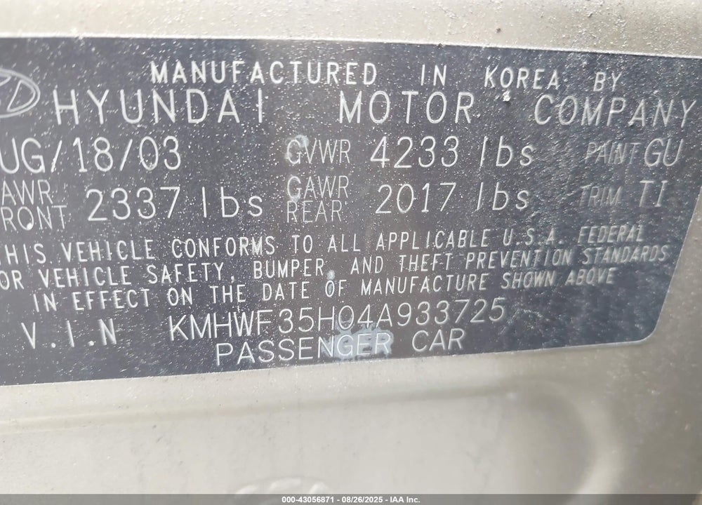 2004 HYUNDAI SONATA VIN: KMHWF35H04A933725