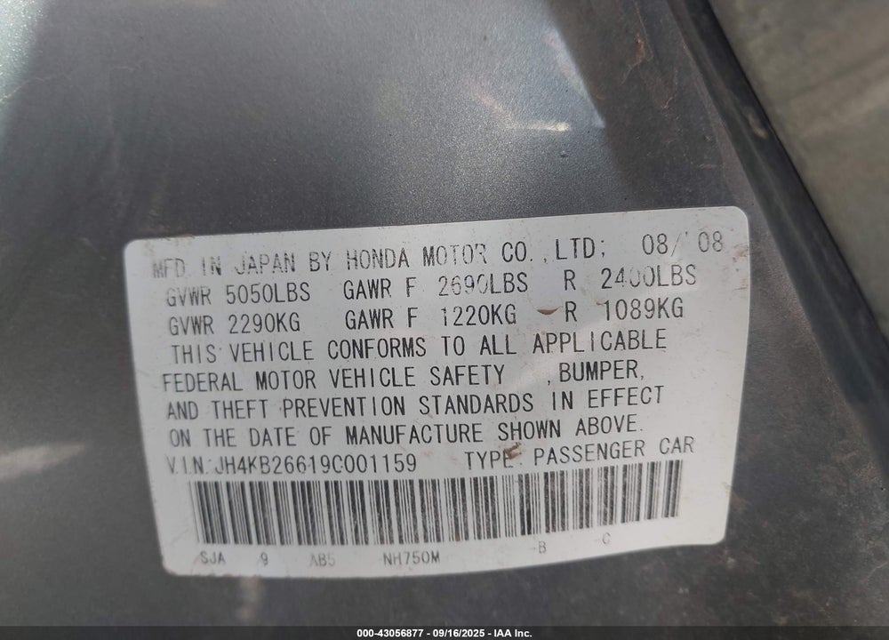 2009 ACURA RL VIN: JH4KB26619C001159